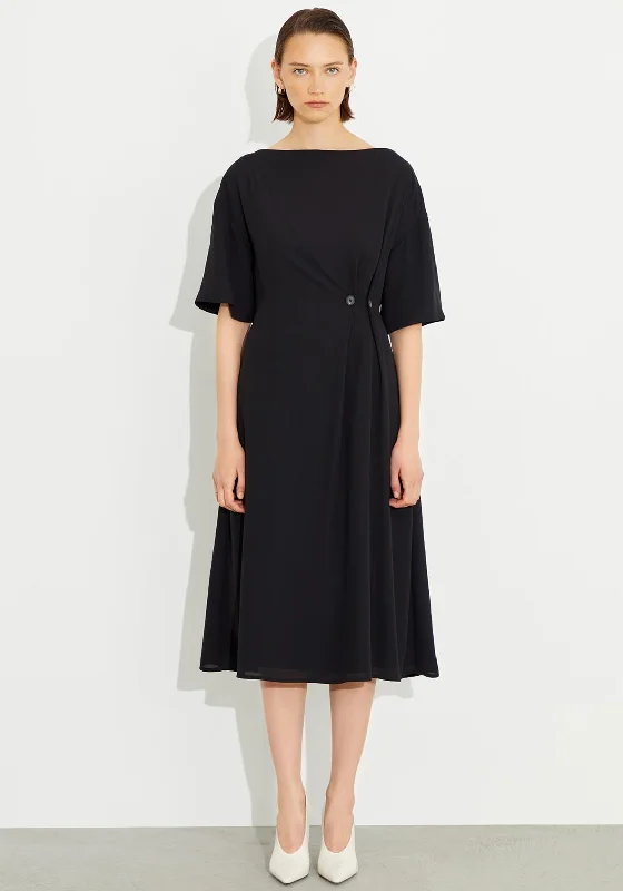 Birelin Button Pleated Chiffon Midi Dress, Black