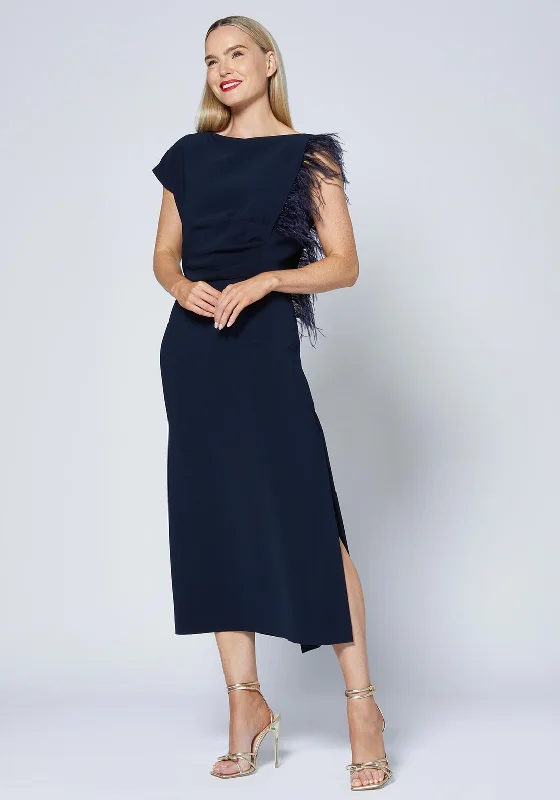 Caroline Kilkenny Trish Feather Shoulder Maxi Dress, Navy