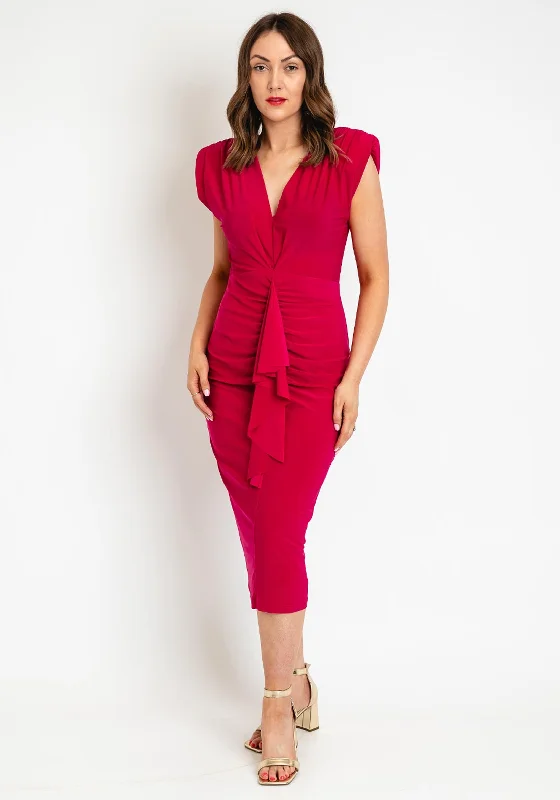 Casting Ruched Drape Midi Dress, Fuchsia