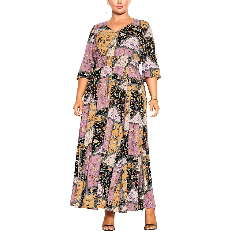 City Chic Womens Plus V Neck Patchwork Maxi Dress