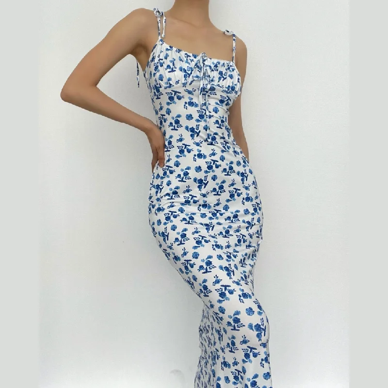 Flower print self tie backless mermaid hem maxi dress