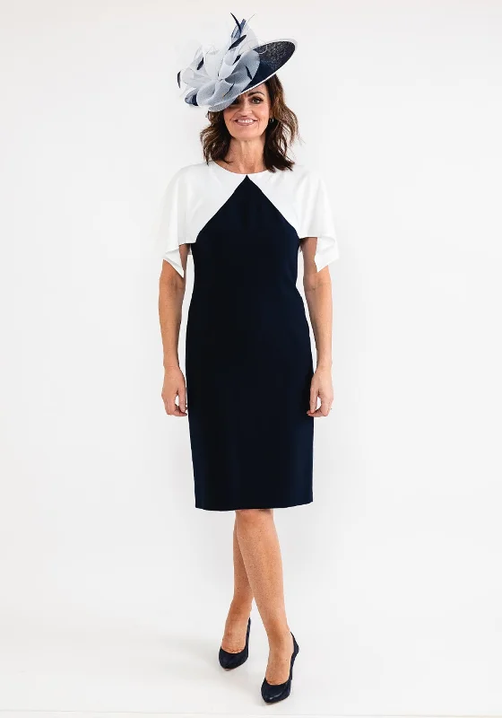 Ella Boo Cape Sleeve Pencil Midi Dress, Navy & White