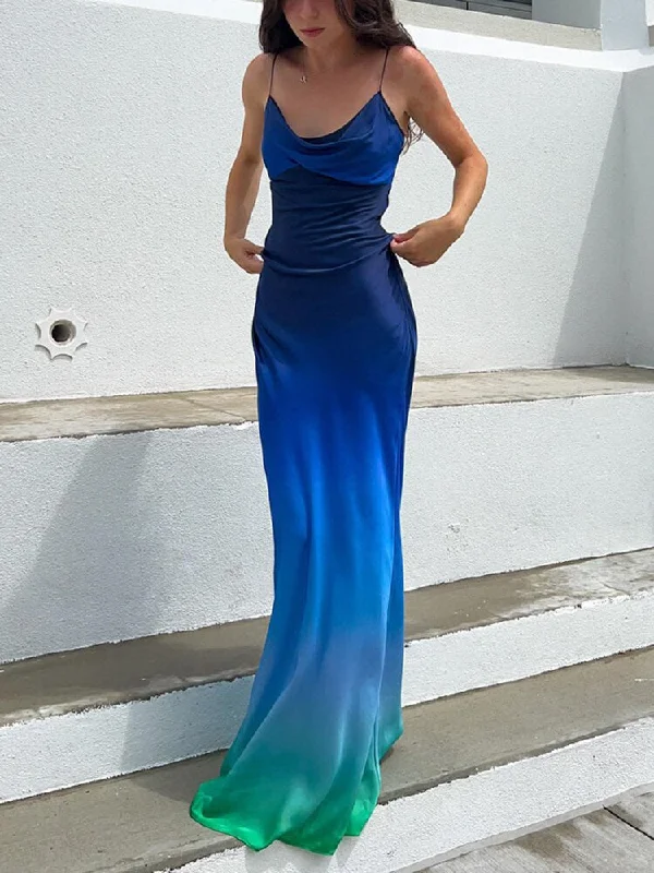 Gradient Blue Printed Satin Spaghetti Strap Backless Maxi Dress