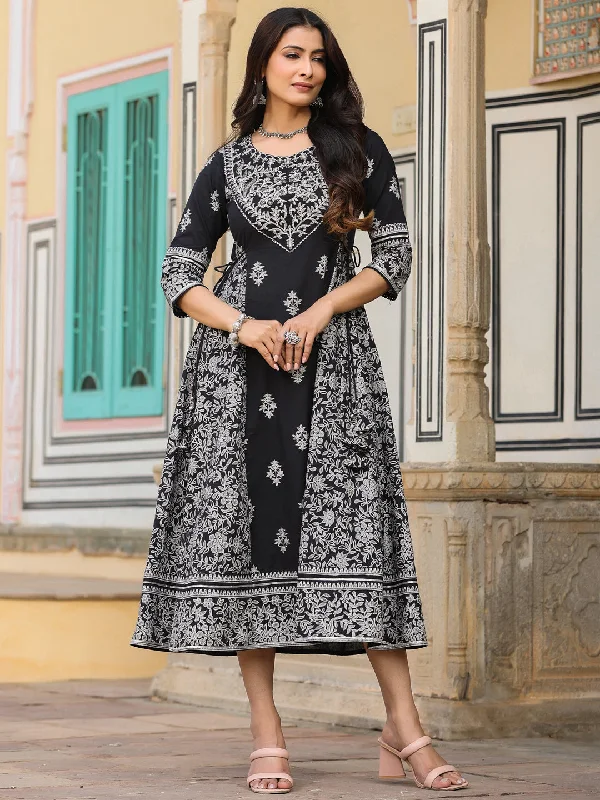 Juniper Black & White Ethnic Motif Printed Pure Cotton Flared Maxi Dress With Beads & Sequins