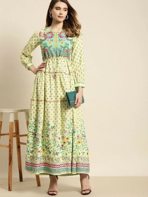 Juniper Lime Green Floral Printed Rayon Maxi Dress With Dori Tie-Up & Tassels On Waist