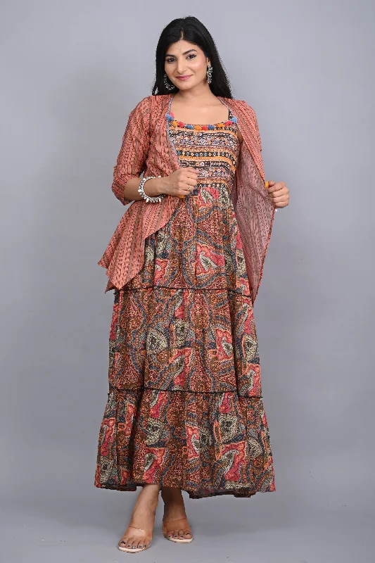 Juniper Multi Colored Cotton Ethnic Motif Maxi Dress with Shrug