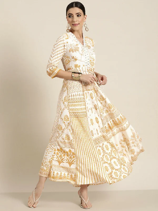 Juniper Mustard Printed Rayon Lacy Maxi Dress With Mirror Embroidered Neckline & Tassels At Waist