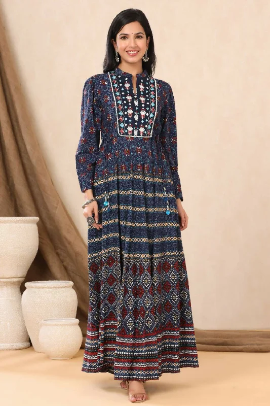 Juniper Womens Indigo Rayon Multicolor Printed Maxi Dress With Yoke Mirror Embroidery