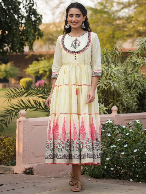 Juniper Yellow Ethnic Motif Printed Cotton Voile Maxi Dress With Thread Embroidery