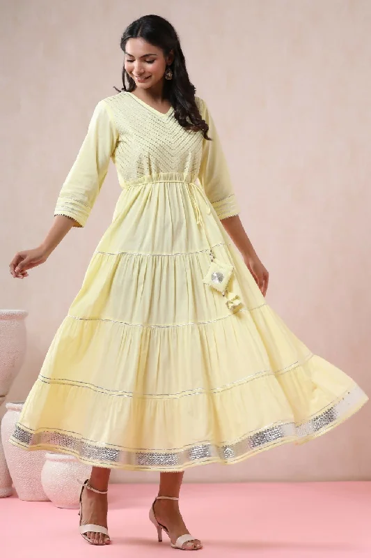 Juniper Yellow Solid Pure Cotton Solid Tiered Maxi Dress With Gota Work Dori Tie-Up & Cushioned Tassels At Waist