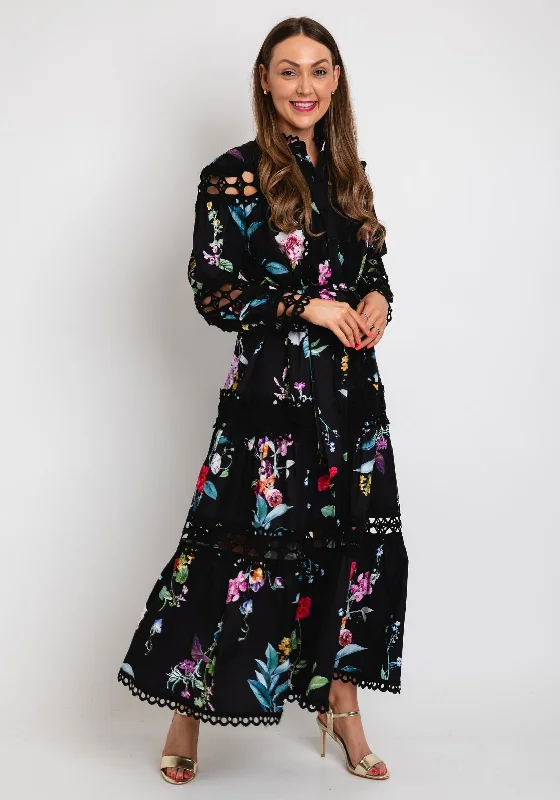 The Serafina Collection Floral Print with Broidery Maxi Dress, Black Multi