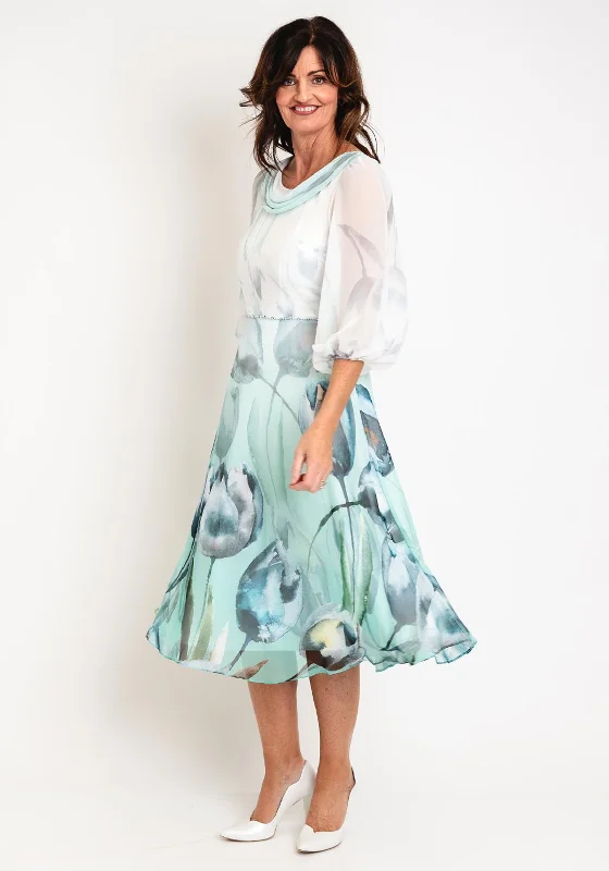 Lizabella Tulip Print Chiffon Midi Dress,Ice Green