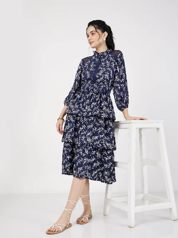 Lyush Women Blue Floral Tiered Midi Dress