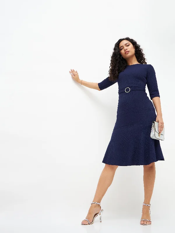 Lyush Women Navy Frill Hem Belted Midi Dress