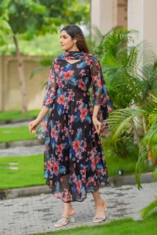 Preksha Creation Women Printed Georgette Maxi Dress Paired With A Finely Curated Dupatta - Black