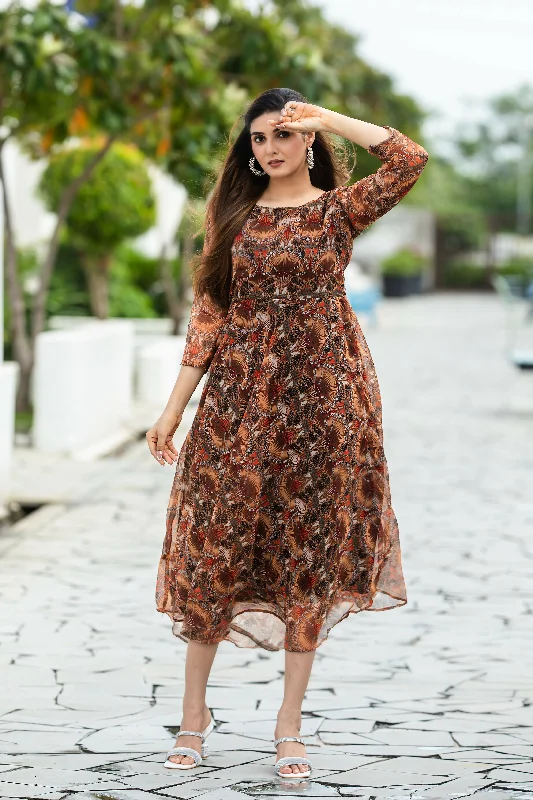 Preksha Creation Women Printed Georgette Maxi Dress Paired With A Finely Curated Dupatta - Brown