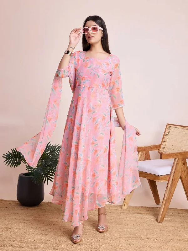 Preksha Creation Women Printed Georgette Maxi Dress Paired With A Finely Curated Dupatta - Light Pink