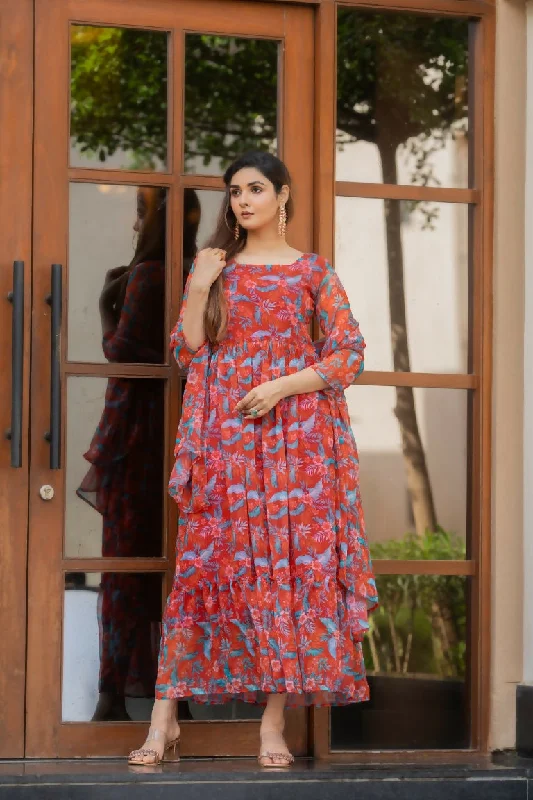 Preksha Creation Women Printed Georgette Maxi Dress Paired With A Finely Curated Dupatta - Red