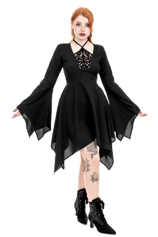 Restyle - Azael - Gothic Midi Dress with Flocked Mesh Panel