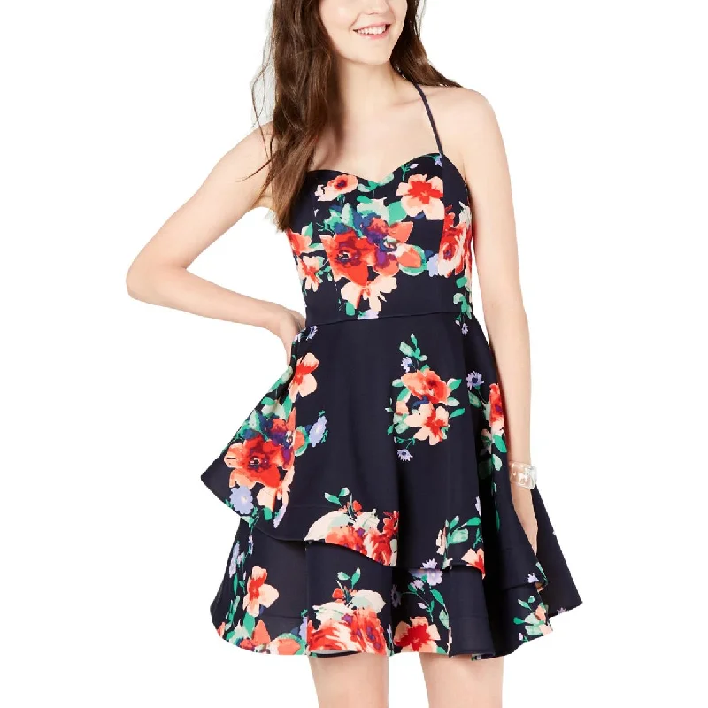 Sequin Hearts Womens Juniors Floral Print Ruffled Cocktail And Party Dress