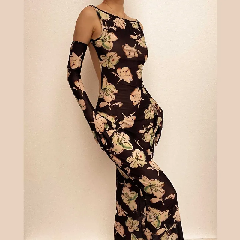 Buy More, Save More Sheer mesh sleeveless gloves backless flower pattern midi dress