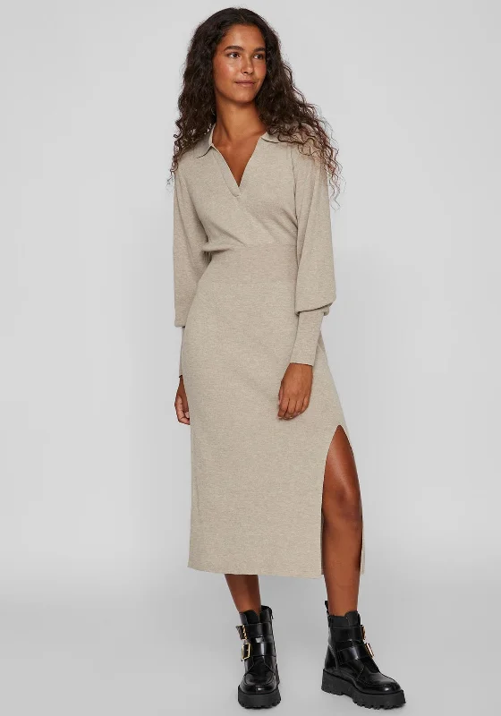 Vila Marla Fine Knit Midi Jumper Dress, Natural Melange