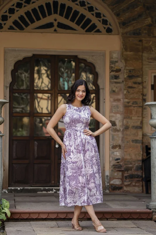 Today's Offer Women Purple Abstract Printed Sleeveless Midi Dress - Rasiya