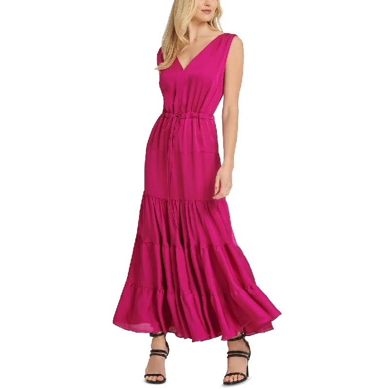 DKNY Women's Tie-Waist Tiered Maxi Dress Pink Size Large