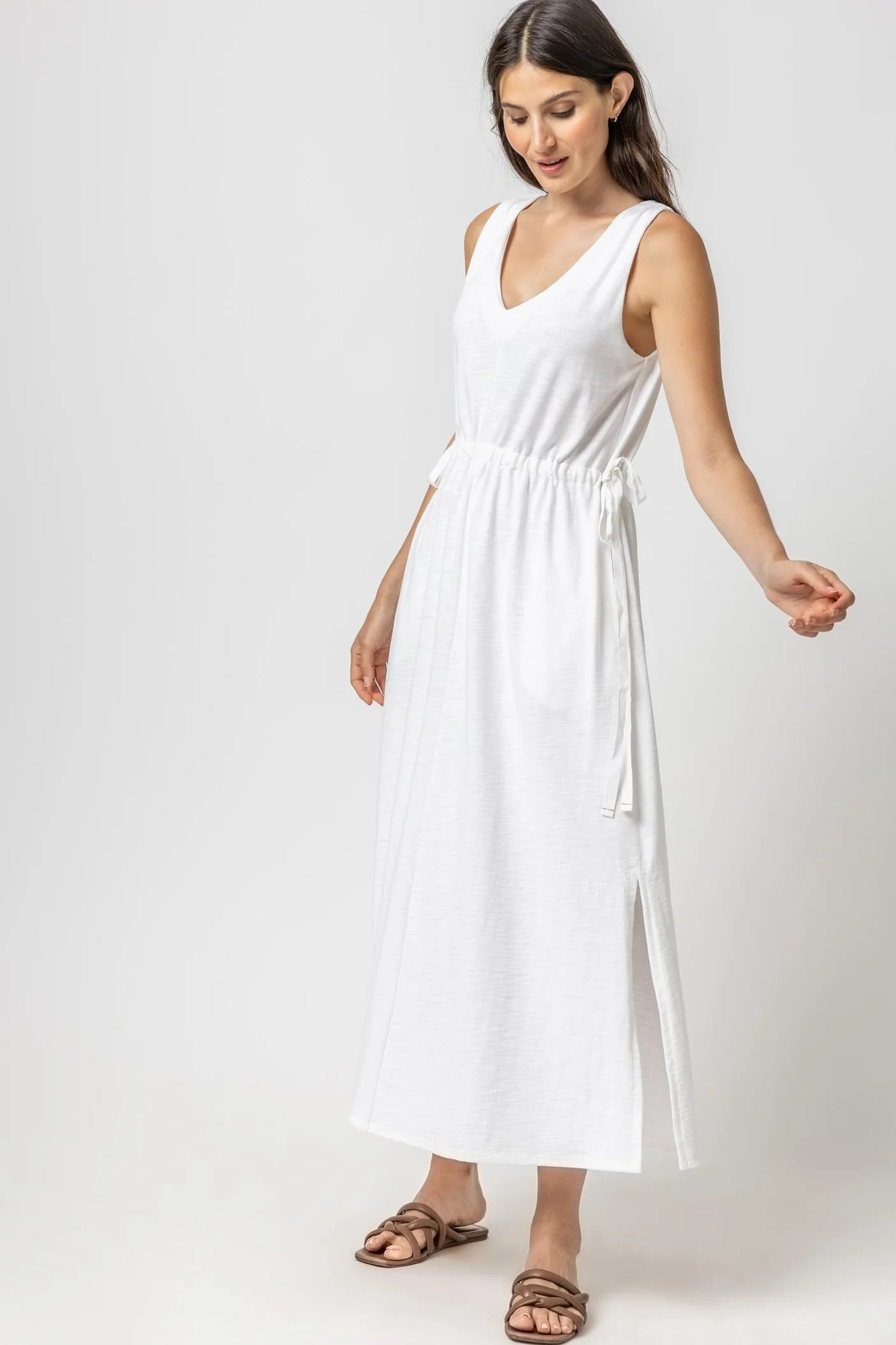 Drawcord Waist Maxi Dress in White