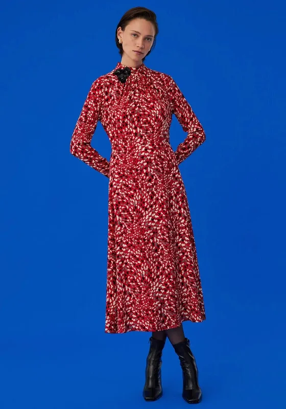 Exquise Petal Print Flower Neck Maxi Dress, Red Multi