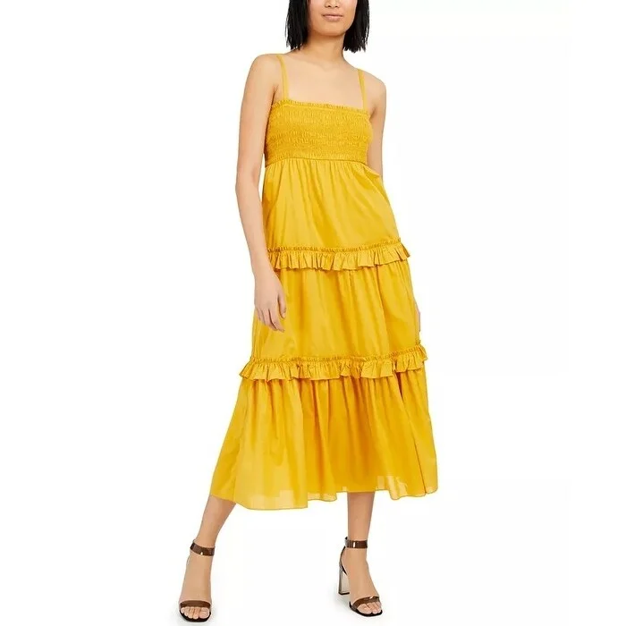 INC International Concepts Women's Cotton Smocked Tiered Maxi Dress Yellow Size Medium