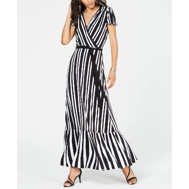 INC Women's Striped Faux-Wrap Maxi Dress Black Size Large