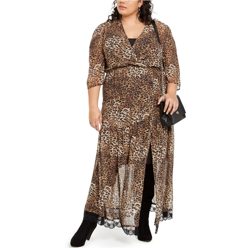 NY Collection Womens Leopard Slit Maxi Dress, Brown, 3X