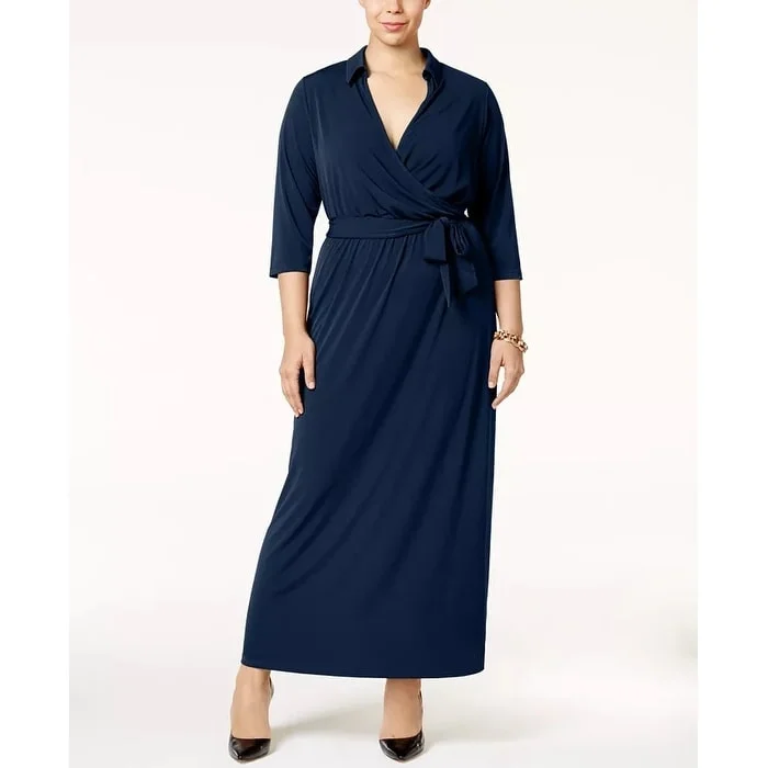 NY Collection Women's Plus Faux Wrap Maxi Dress Navy Size 2X