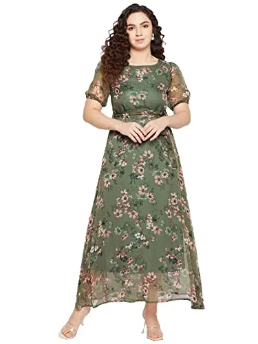 Serein Women's Maxi Dress (Green Floral Printed Chiffon Dress with Short Puff Sleeve) (Medium, Green) (SER-DRESS-CI-1-M)