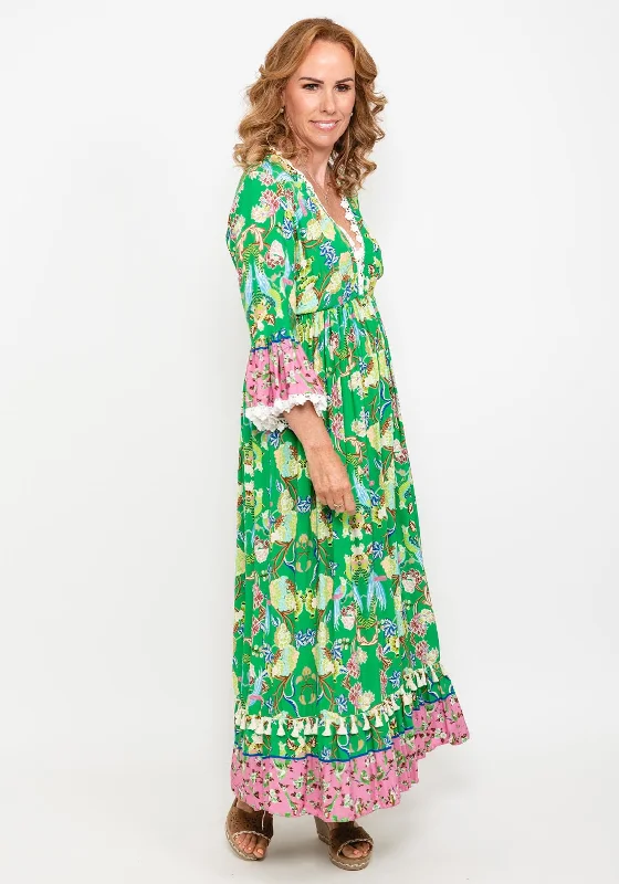 Seventy1 One Size Floral Bell Sleeve Maxi Dress, Green