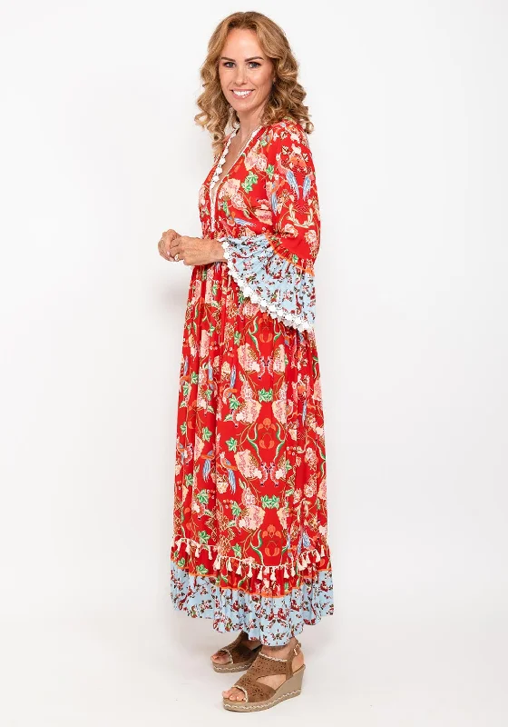 Seventy1 One Size Floral Bell Sleeve Maxi Dress, Red