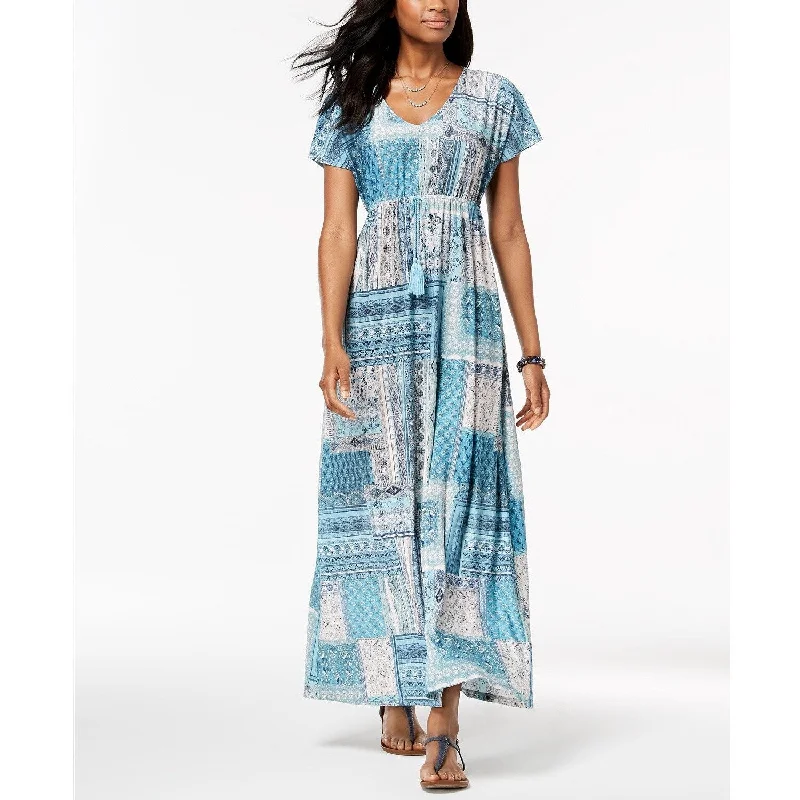 Style & Co Women's Printed Drawstring Maxi Dress Moroccan Patch Size Large - Blue