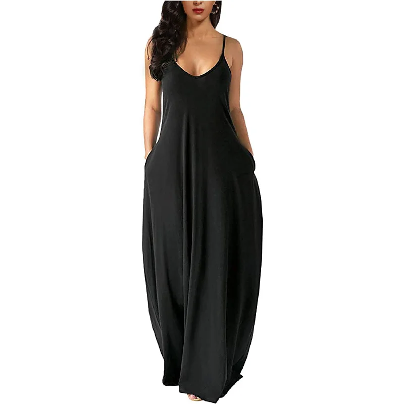 Womens Casual Sleeveless Plus Size Loose Plain Long Maxi Dress with Pockets