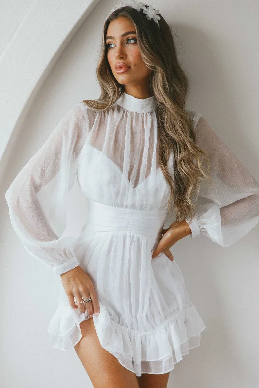 Mandalay High Neck Long Sleeve Waistband Dress White