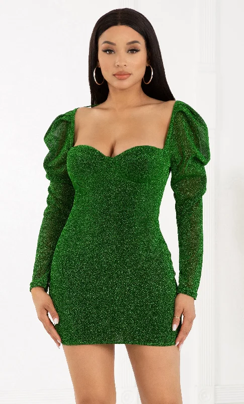 Against All Odds Green Glitter Long Sleeve Puff Shoulder Sweetheart Neck Bodycon Mini Dress