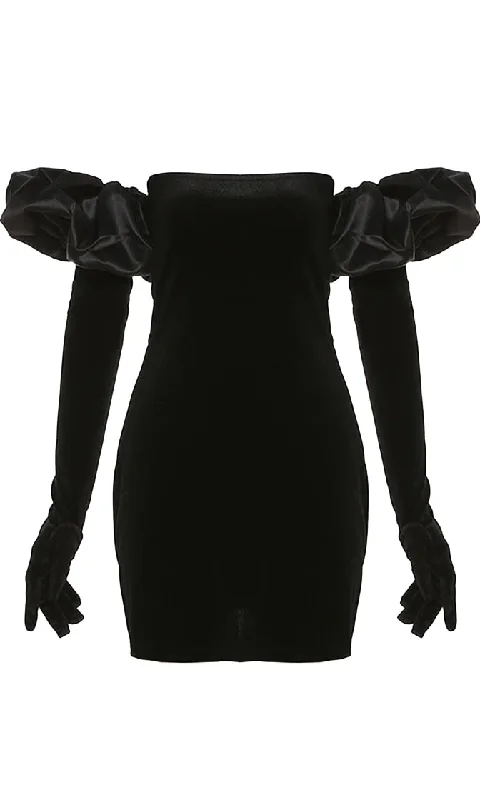 All Puffed Up Black Velvet Strapless Straight Neck Long Sleeve Gloves Contrast Puffs Bodycon Mini Dress