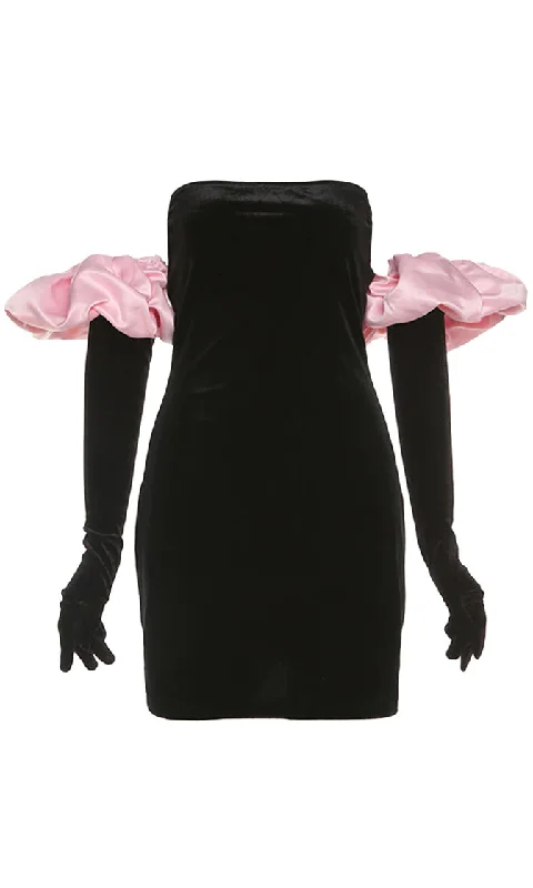 All Puffed Up Pink Black Velvet Strapless Straight Neck Long Sleeve Gloves Contrast Puffs Bodycon Mini Ddress