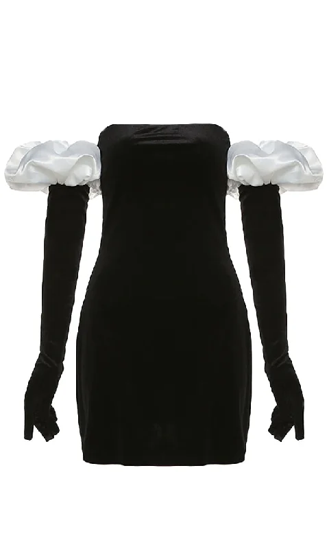 All Puffed Up White Black Velvet Strapless Straight Neck Long Sleeve Gloves Contrast Puffs Bodycon Mini Ddress