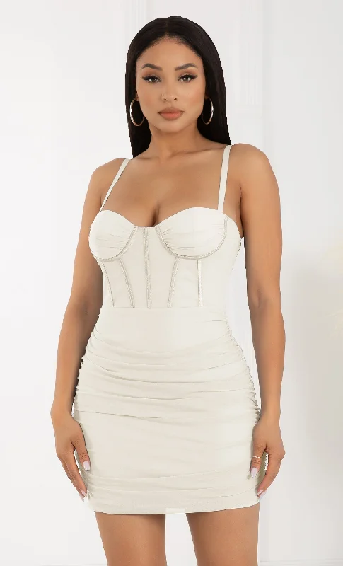 Around The Town Vanilla Off White Spaghetti Strap Sleeveless Bustier Mesh Ruched Bodycon Mini Dress