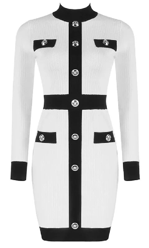 Best Of Everything White Black Ribbed Long Sleeve Round Neck Button Bodycon Mini Dress