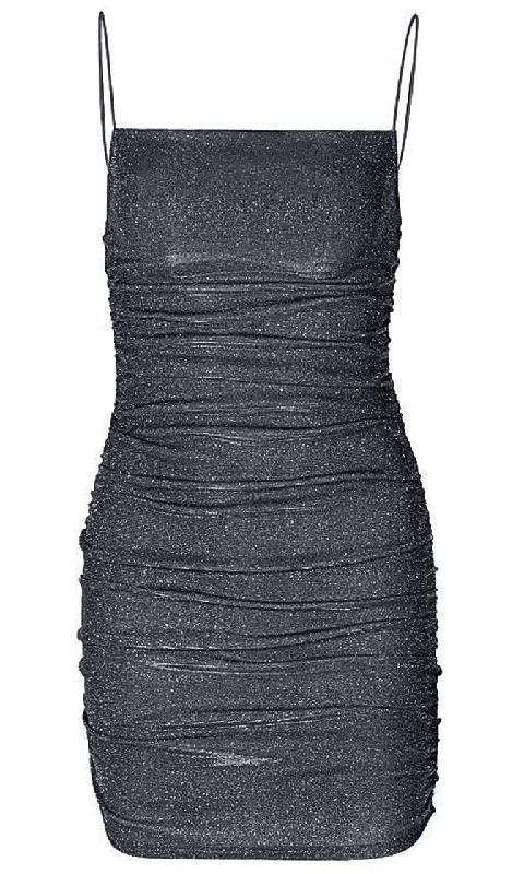 Blinding Lights<br><span> Black Glitter Lurex Sleeveless Spaghetti Strap Square Neckline Ruched Bodycon Mini Dress</span>