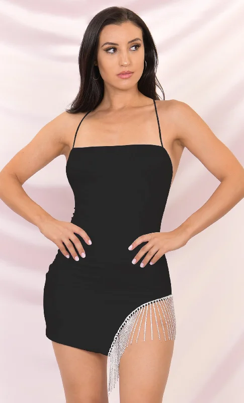 Born to Shine Black Sleeveless Spaghetti Strap Cross Back Rhinestone Fringe Cut Out Bodycon Mini Dress