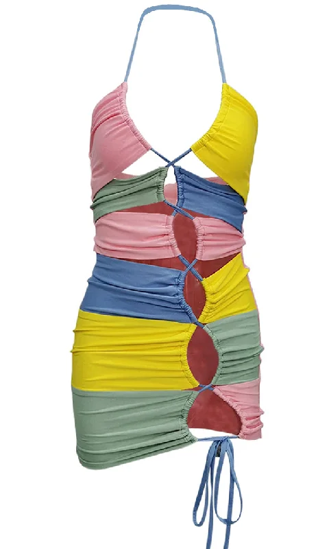 Bright Ideas <br><span>Multicolor Sleeveless Spaghetti Strap Halter Cut Out Patchwork Drawstring Bodycon Mini Dress</span>