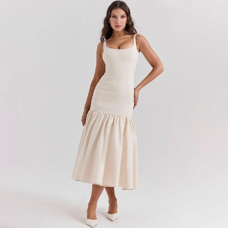 Big Offers Classy Square Neck Suspender Strap Drop Waist Ruffle Midi Sundress